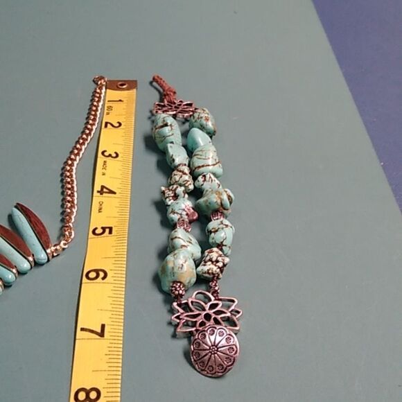 Faux Turquoise and Gold Tone Metal Necklace with Chunky Bracelet Southwestern - Picture 3 of 6
